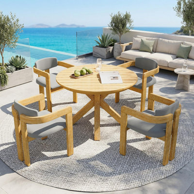 5-Piece Acacia Wood Round Patio Dining Set — Solid Wood Outdoor Table with 4 Barrel Armchairs, Beige Cushions, Weather-Resistant Finish, Modern Conversation Set for Porch, Deck & Garden