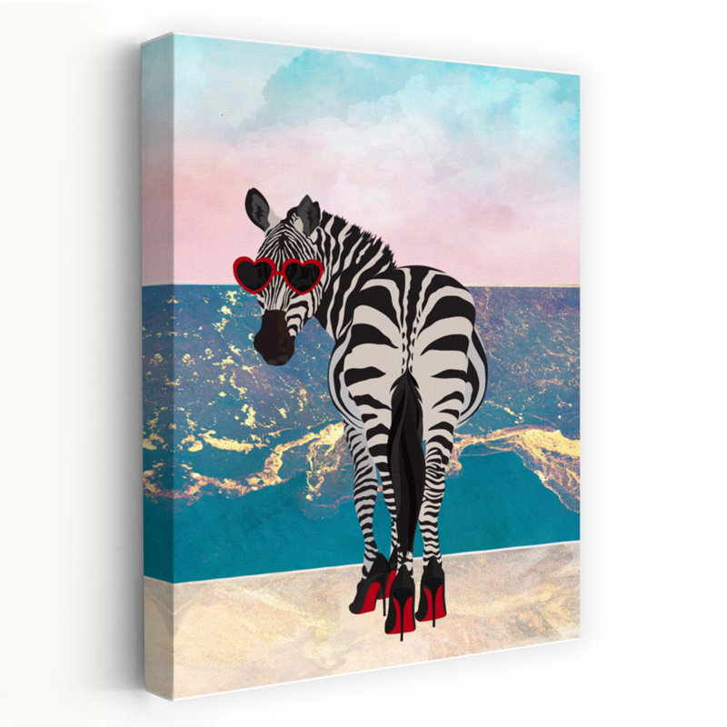 Sassy Zebra Beach Fashion Abstract Modern Playful Zebra Beach Ocean Wall Art Print by Sarah Manovski - Wrapped Canvas Print