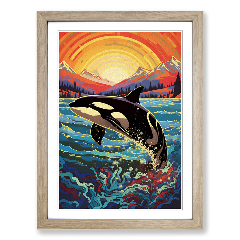 Orca Whale - Single Picture Frame Print on Wood, 64cm H x 46cm W x 2cm D, Oak