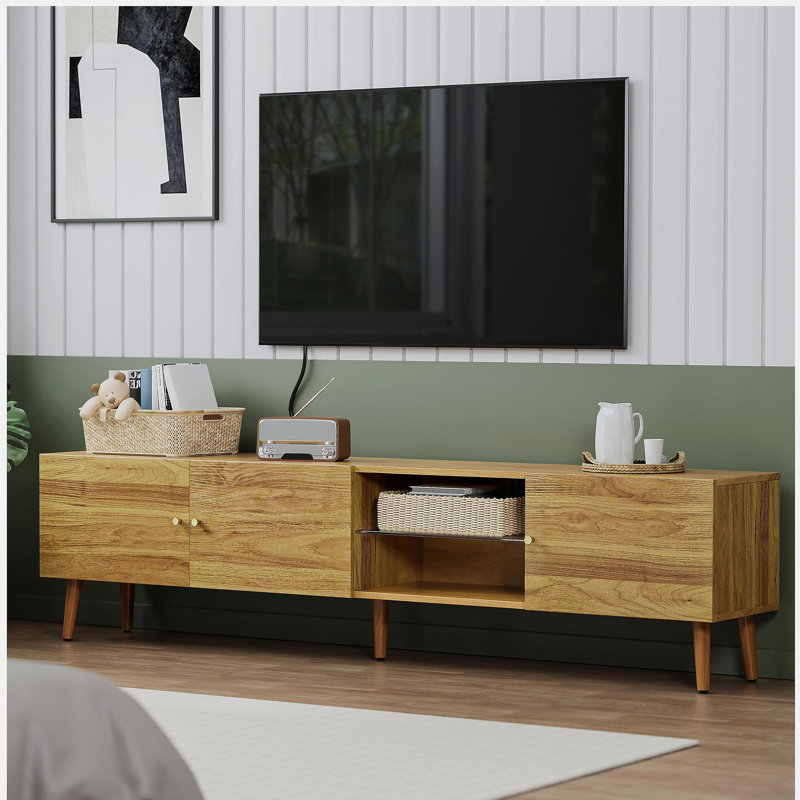 Meuble télé 70 pouces avec rangement Mid-Century moderne, convenant au salon, à la chambre à coucher et à l'armoire multimédia