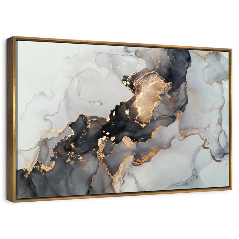 Éclaboussure noire et dorée, Cadre flottant doré, 31 po x 21 po