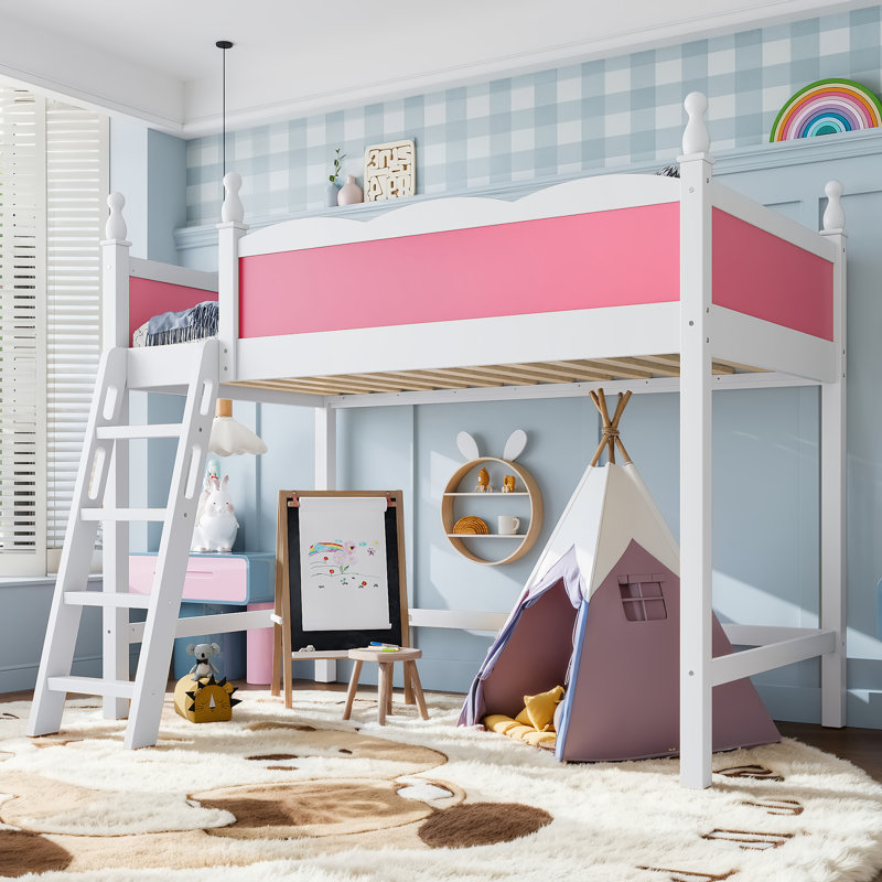 Lit mezzanine en bois peu encombrant avec garde-corps pleine longueur Cavero et échelle intégrée, Twin, Pink & White