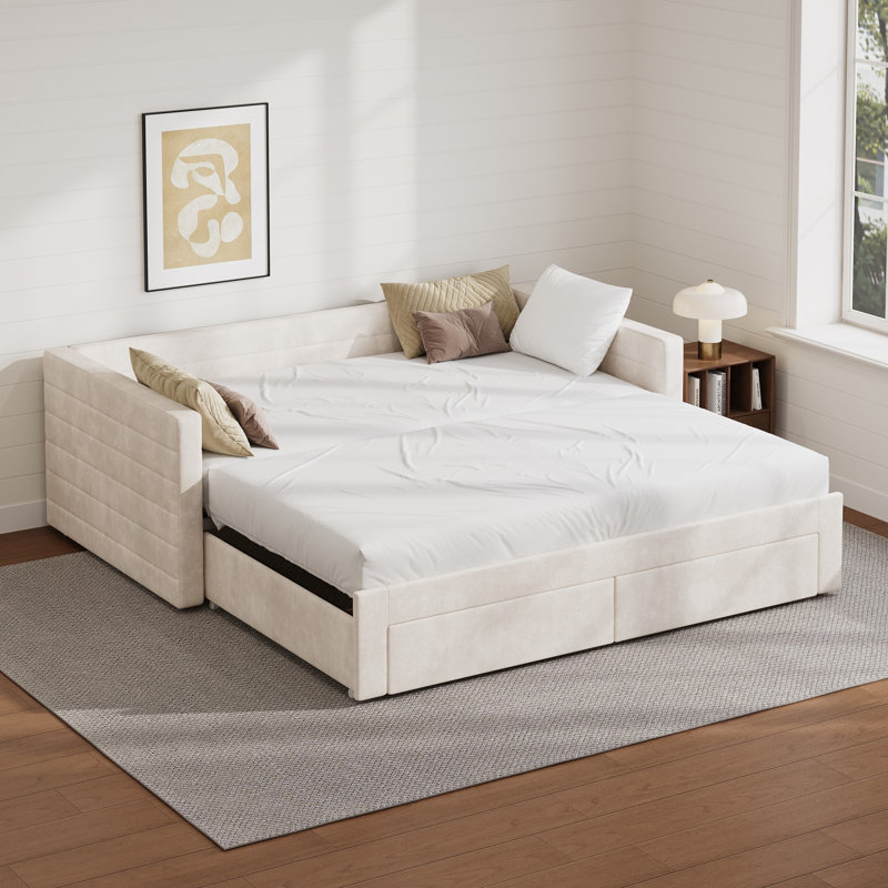 Twin to King Extendable Daybed Frame with Trundle, Chenille Fabric, Storage Drawers, Space-Saving Sofa Bed for Living and Guest Rooms