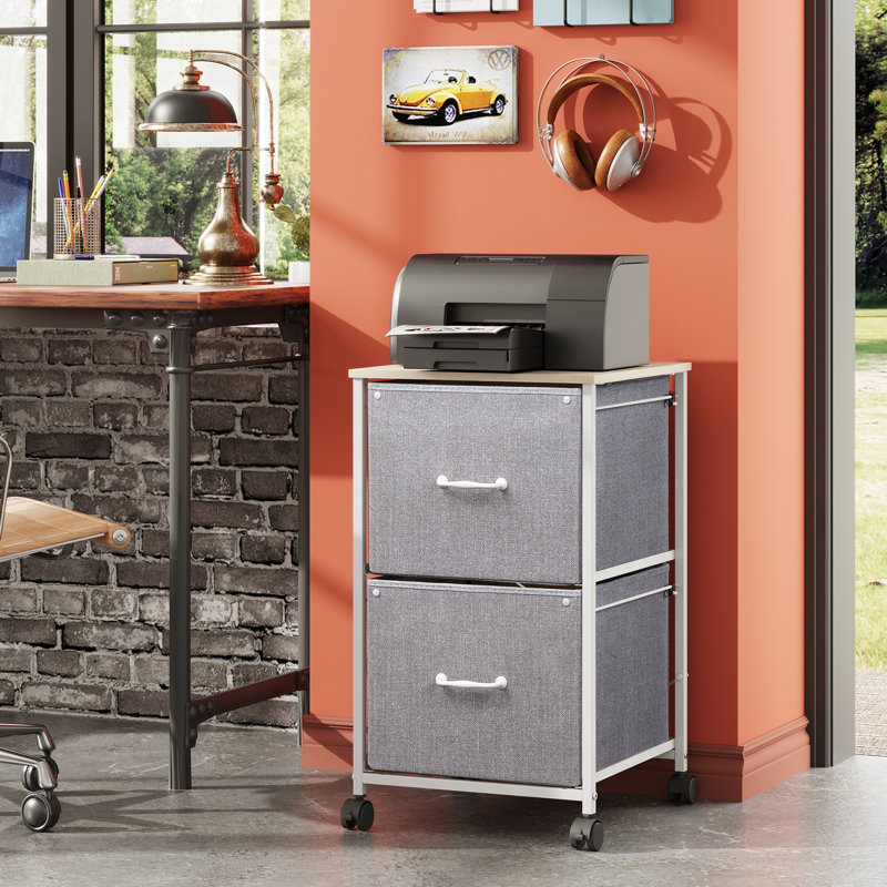 Kahira 2 Drawer Mobile File Cabinet, Wood Top Home Office Filing Cabinets, Printer Cabinet Fits Letter Files, Light Gray