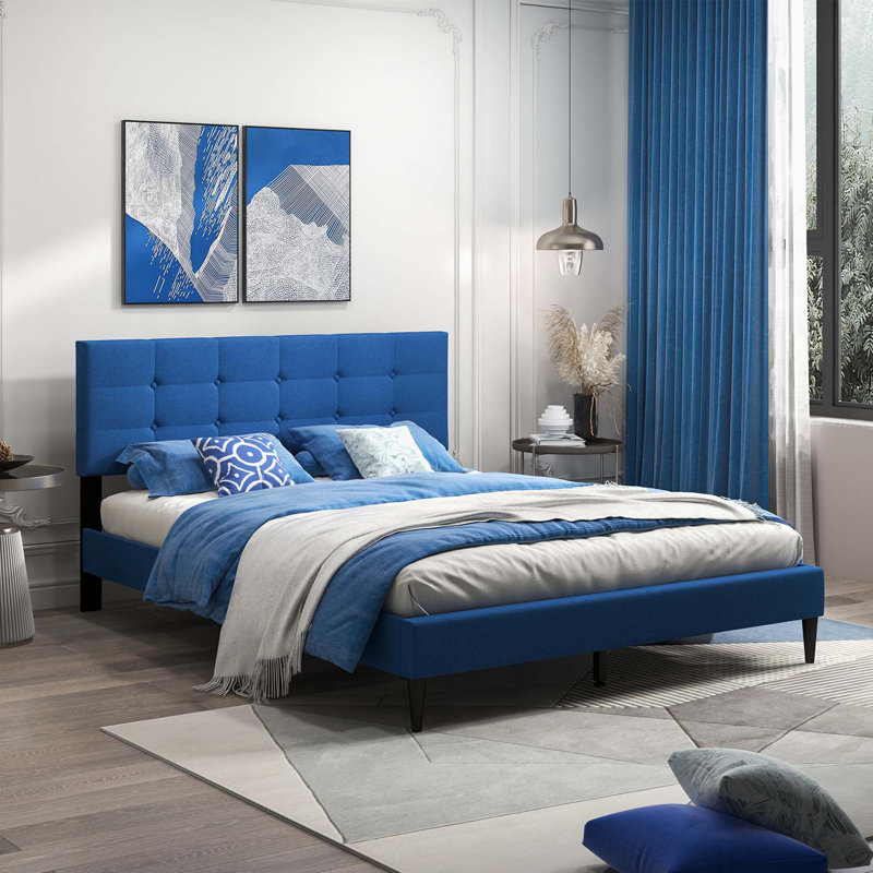 Grand lit standard en bois massif Jeray, Bleu