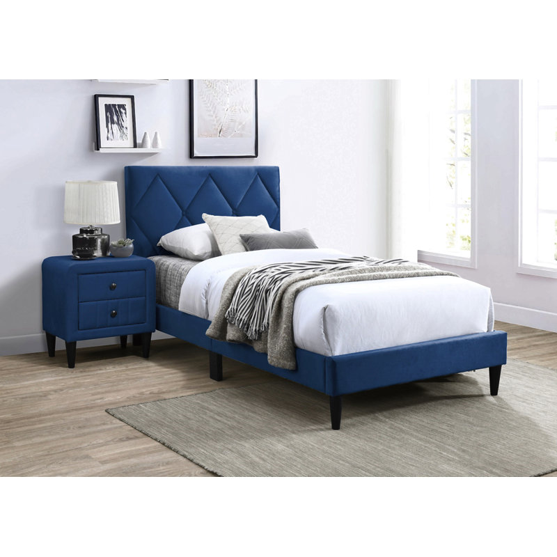 W Adjustable Headboard Bedframe,Velvet Upholstered Youth Bedroom Furniture, Twin, Navy Blue