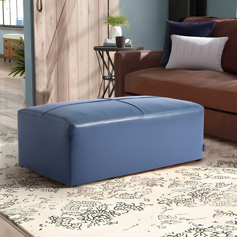 Hustle 110Cm Wide Genuine Leather Rectangle Footstool Ottoman, Navy Blue