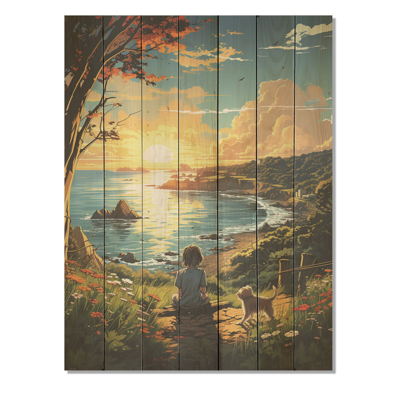 Sunrise Kid with Best Friend Dog II - Coastal Tropical sur impression sur bois, H 32 po x l 24 po
