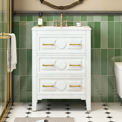 Ensemble de meuble-lavabo avec lavabo en céramique, ensemble de meuble-lavabo simple autoportant avec 3 tiroirs, armoire de rangement en bois massif
