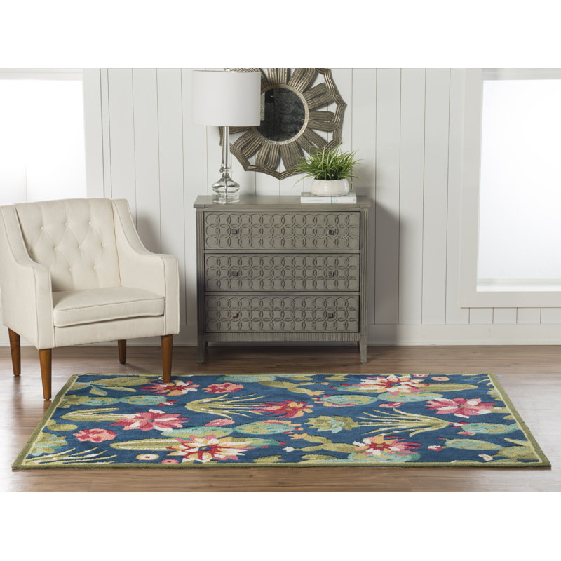Mehcad Floral Handmade Tufted Navy/Green/Pink Area Rug, Rectangle 8' x 10'