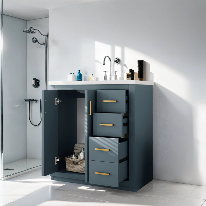 Campeaux 30'' Single Bathroom Vanity with Resin Top, Navy Blue, Gold