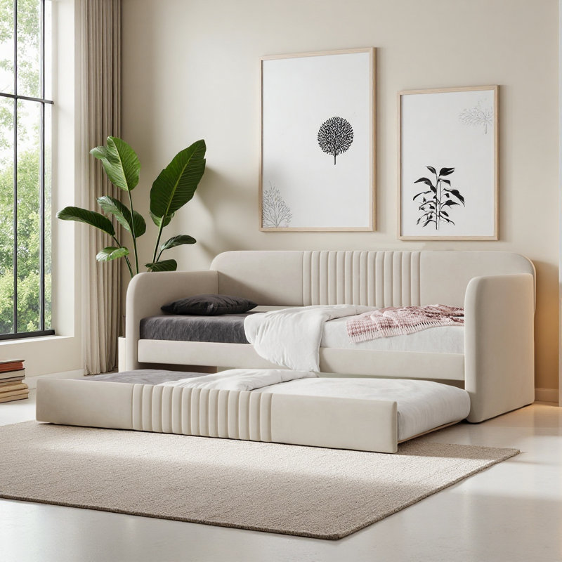 Lit de jour simple rembourré avec lit gigogne, structure de lit d'angle, Beige