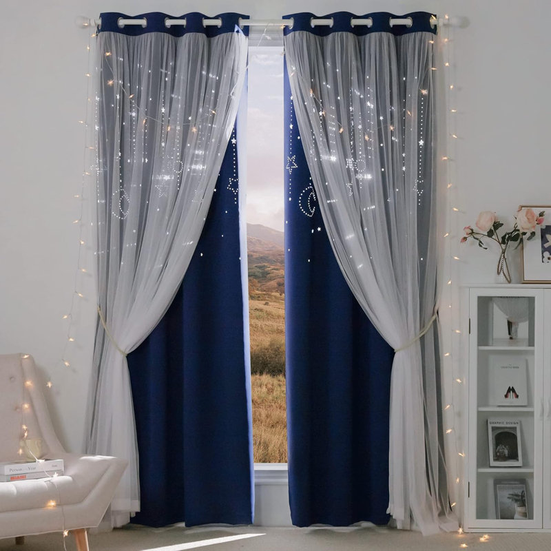 NICETOWN Stars and Moon Hollow-Out Blackout Curtains for Kids Room/Nursery, Grommet Top 2 Layer Window Treatment Curtain Panels for Living Room/Thanksgiving, 2-Pack