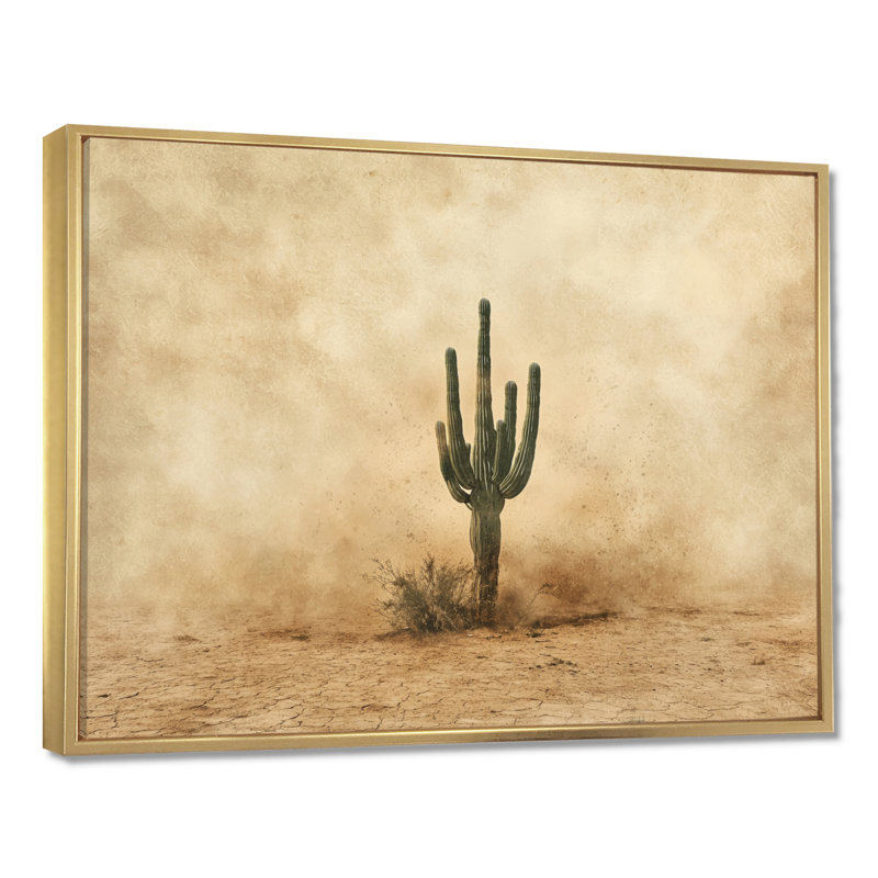 Cactus tempête de sable III - cactus, décoration murale, Cadre flottant, H 24 po x l 32 po, Doré