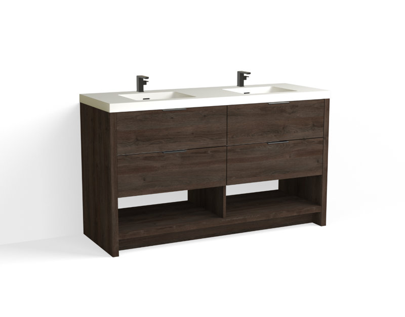 Vue 60" W Freestanding Double Bathroom Vanity, Glossy White/Single, White Nanomatte, Matte Black