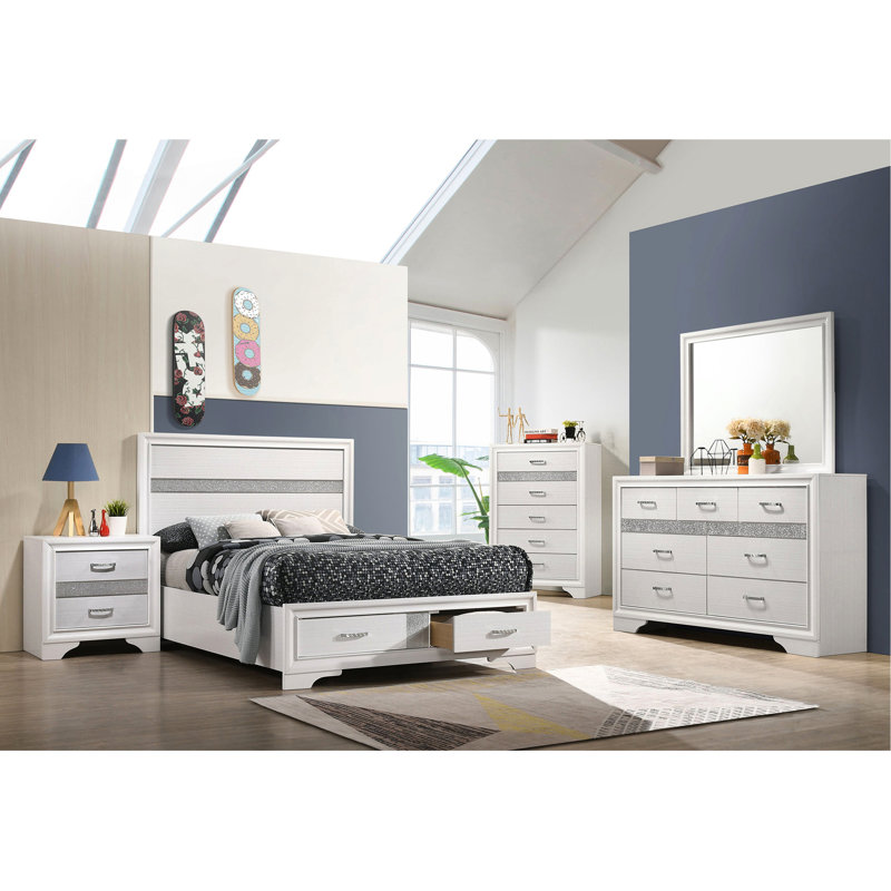 Lit à panneau double blanc avec rangement pour tiroir, illumine le décor de la chambre à coucher, conception classique, poignées à tirer confortables, bois franc asiatique et stratifié de papier