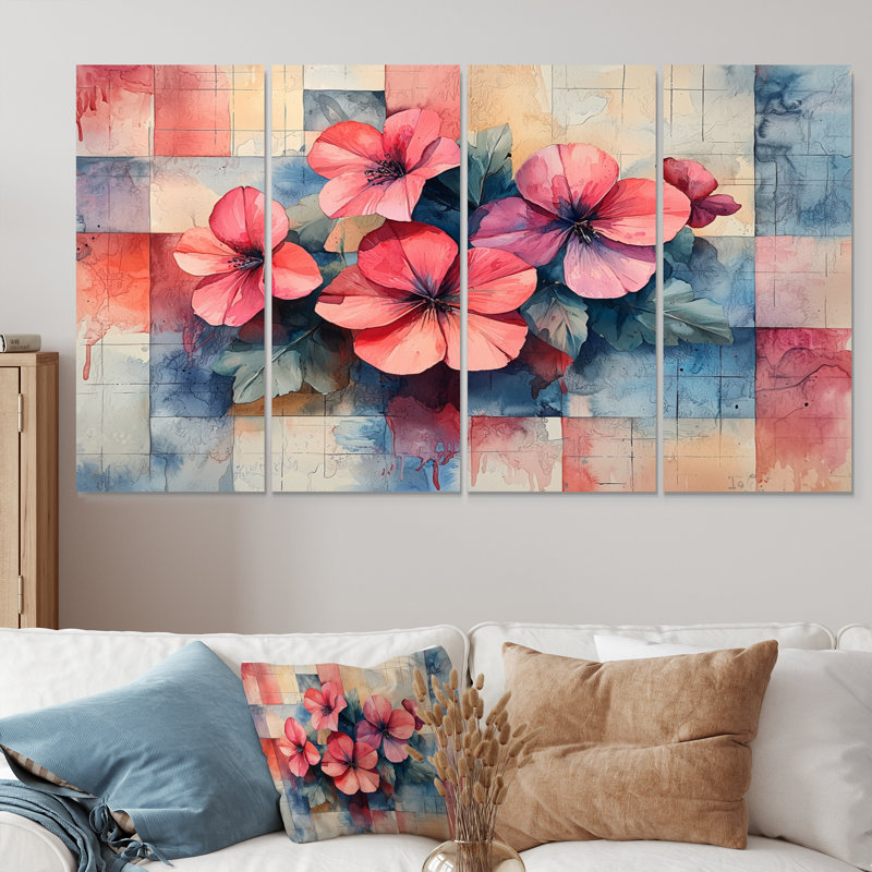 Art moderne symétrique géranium chaotique - géraniums - Art mural traditionnel, 4, H 28 po x l 48 po