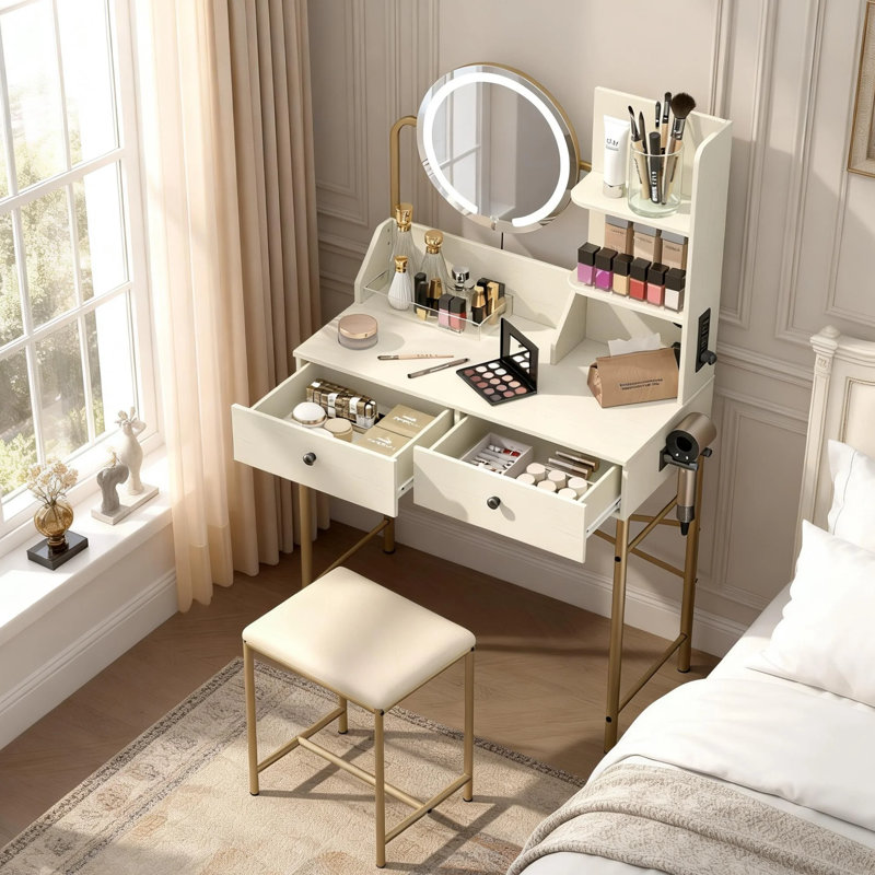 Makeup Vanity Set with LED Round Mirror, Vanity With Built-In Outlet and Two Drawers, Gold/White