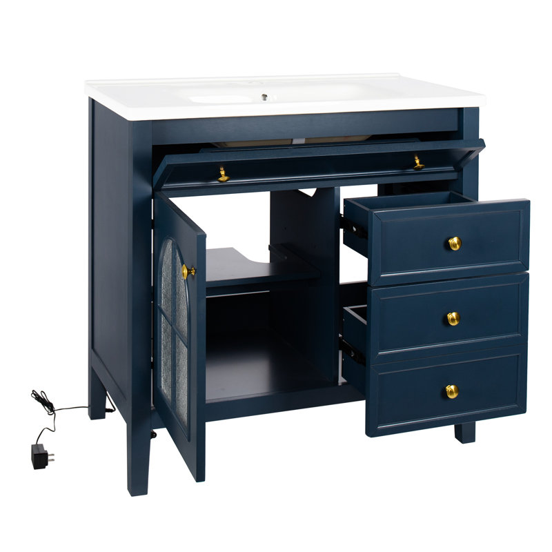 Lavabo de meuble-lavabo bleu 36 po avec lavabo intégré, poignées en métal et bande de capteur de mouvement durable à long terme, tiroir sophistiqué