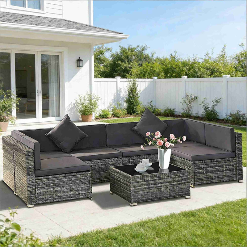 7-Piece Outdoor Wicker Sofa Set, Grey, Grey