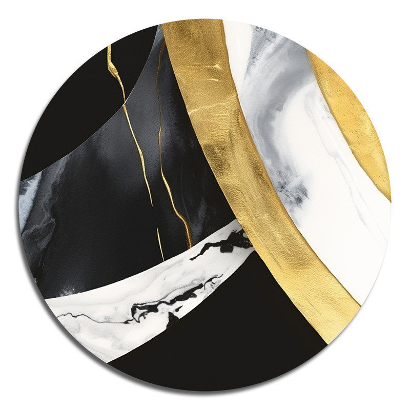 Harmonie noire et dorée noire sur marbre IV - art abstrait rond en marbre sur métal, H 16 po x l 16 po x P 1 po