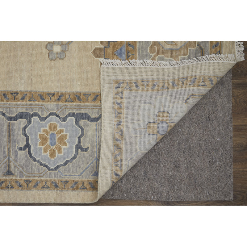 Karina Hand Knotted Wool Oriental Area Rug in Blue/Beige/Gray, Rectangle 2' x 3'