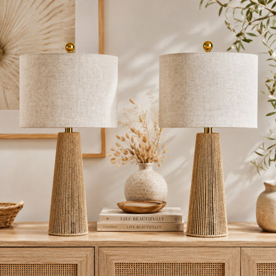 Arcola 25.8" Farmhouse Boho Handwoven Rattan and Paper Cord Table Lamp with Drum Shade