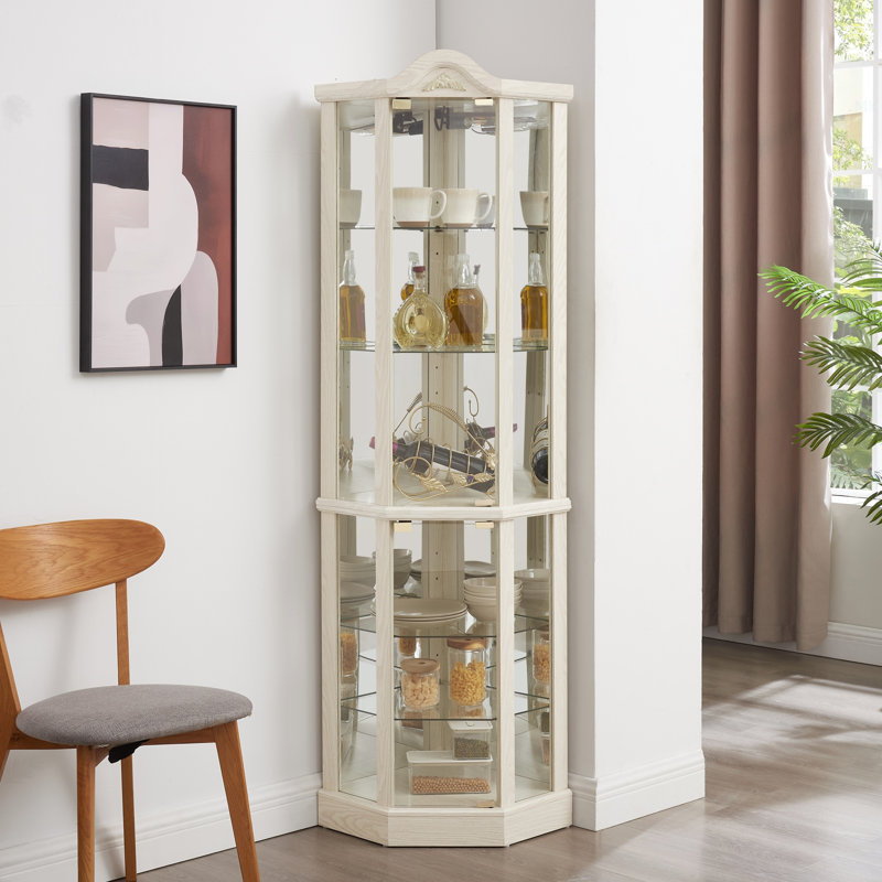 Glass Cabinet Lighted Corner Cabinet Corner Display Curio Cabinet, Glass Display With Light(Included)Bar Cabinet, Wine Cabinet With Adjustable Glass Shelves Carved Decoration WHITE, Light(Included)