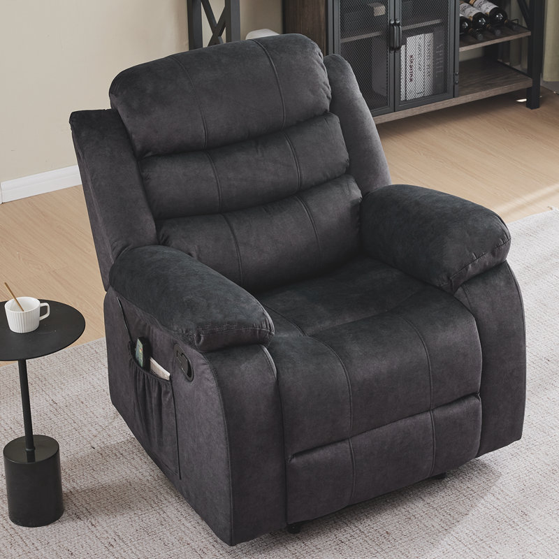 Fauteuil inclinable manuel Lacreta de 37 po de large, dossier souple en chenille, fonction massage et chauffage, noir