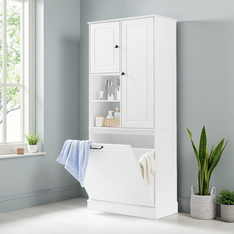 Grande armoire de rangement avec tablettes réglables, grand panier rabattable et armoires fermées - parfaite pour la salle de bain