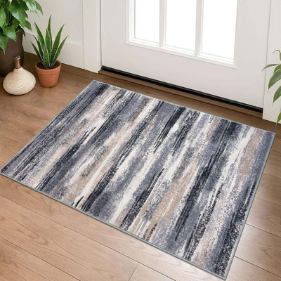 Modern Abstract Entryway Rug Indoor  2x3 Feet Washable Rug Non-Slip Soft Small Area Rug Grey Black Kitchen Mats Thin Print