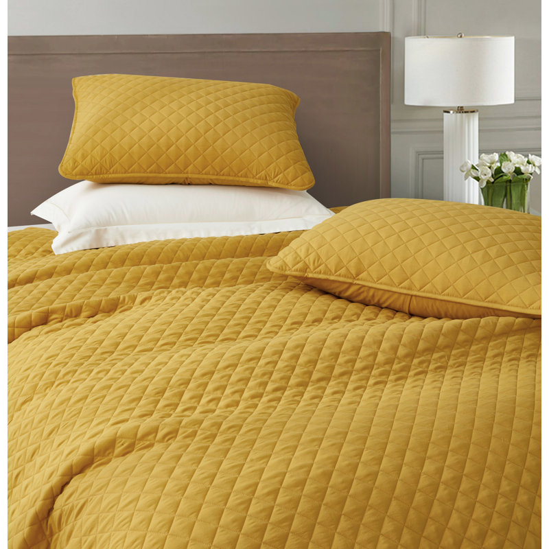Teo Diamond Stitch Microfiber Quilt Set, Queen Quilt + 2 Standard Shams, Mustard Yellow