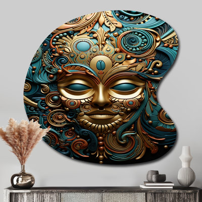 «Gold» sarcelle mexicain vibrant Aztec Mask II - Mexique, art mural asymétrique en forme de goutte