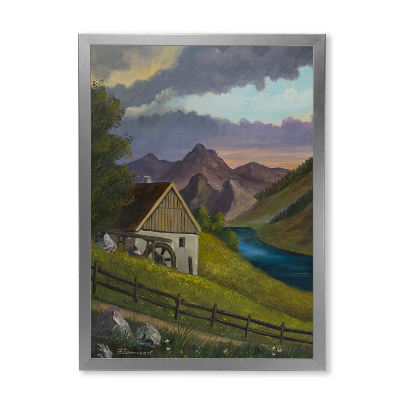 «Mountain Landscape With An Old Mill At A River», reproduction sur toile, H 20 po x l 12 po, Cadre photo argenté