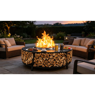 48" Fire Pit Surround Tabletop with Wood Storage Shelf Outdoor