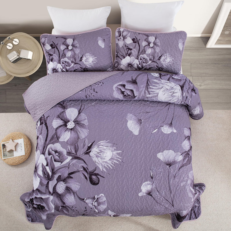 Ensemble de courtepointe 3 pièces Boho Floral, Motif floral turquoise, Courtepointe pour lit grand + deux taies décorati