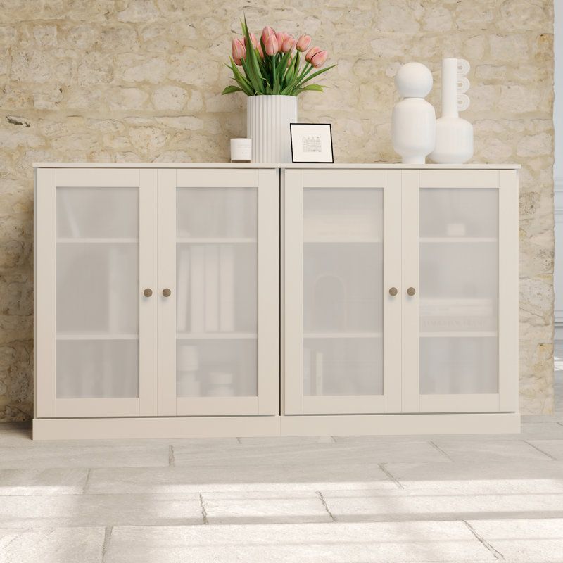 Buffet 100% bois massif 64 "avec portes en verre givré et tablettes réglables, Blanc