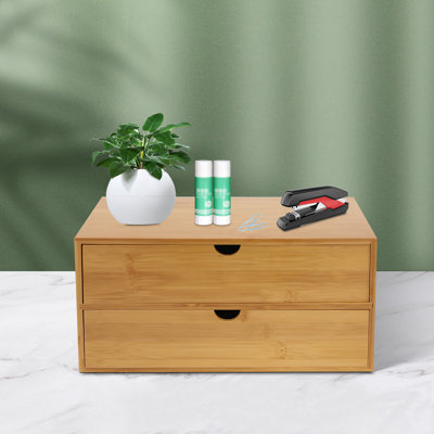 Bamboo Desk Organizer Tabletop Storage Box with 2 Drawers
