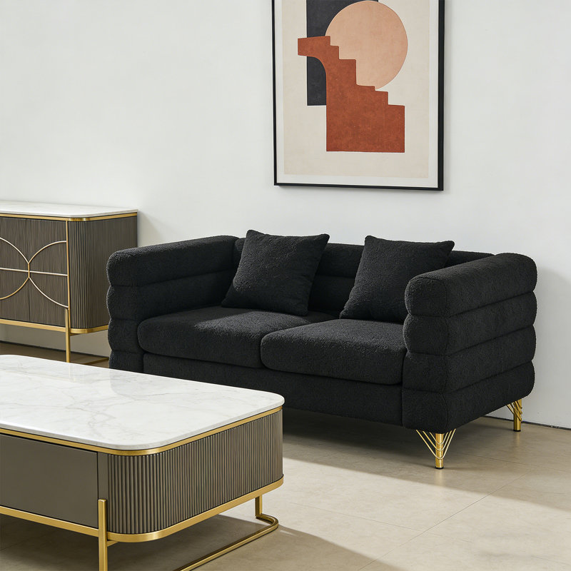 Canapé modulaire 60 pouces 2 places, canapé modulaire en tissu Comfort Teddy, assise douce avec 2 coussins pour le salon, la chambre à coucher, le bureau, noir
