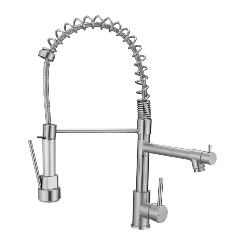 Robinet de cuisine à poignée simple, finition nickel brossé, acier inoxydable, robinet d'évier à eau, rétractable, contrôle, fabrication supérieure