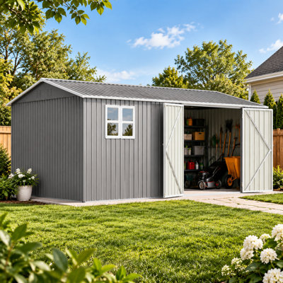 14' x 10' Outdoor Storage Shed, Large Metal Garden Shed with Foundation Frame, Double Doors, Ventilation Panels & Sloped Galvanized Steel Roof for Backyard, Patio & Garden