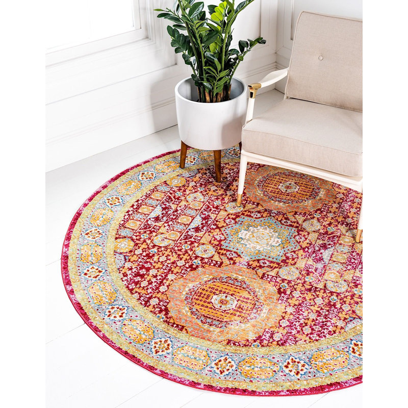 Tapis rouge / orange de style sud-ouest Donminique, Rond 6 pi