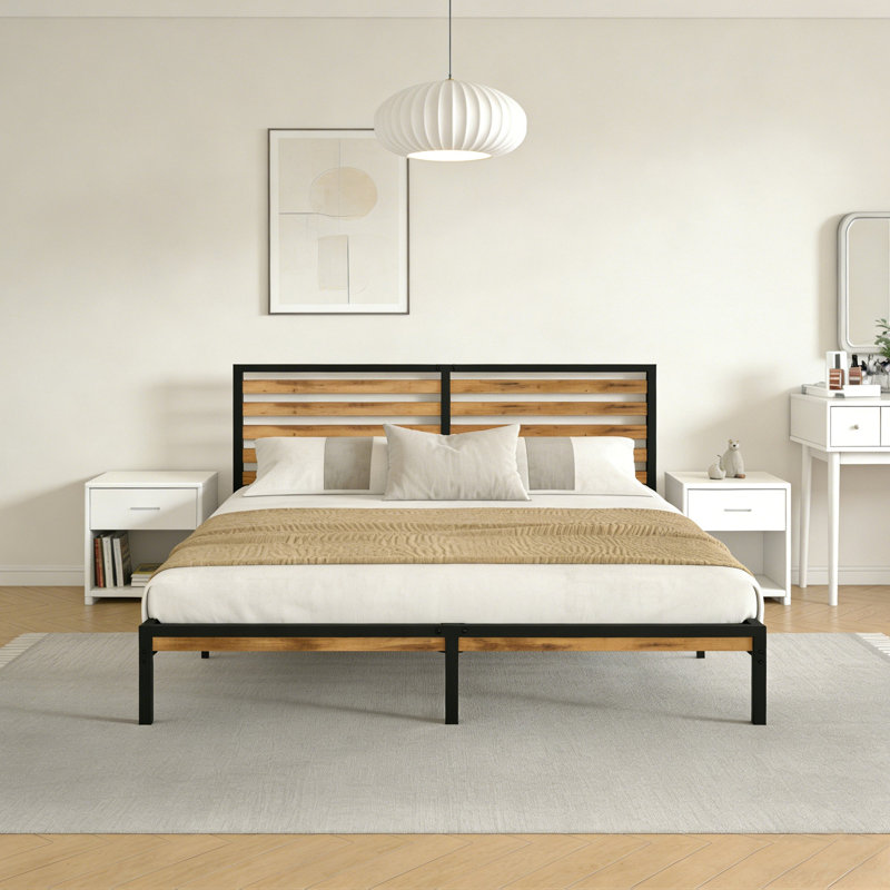 Base de lit grand format avec tête de lit en bois, lit plateforme en métal robuste avec rangement sous le lit, sommier anti-bruit avec lattes, aucun sommier requis, brun rustique et noir
