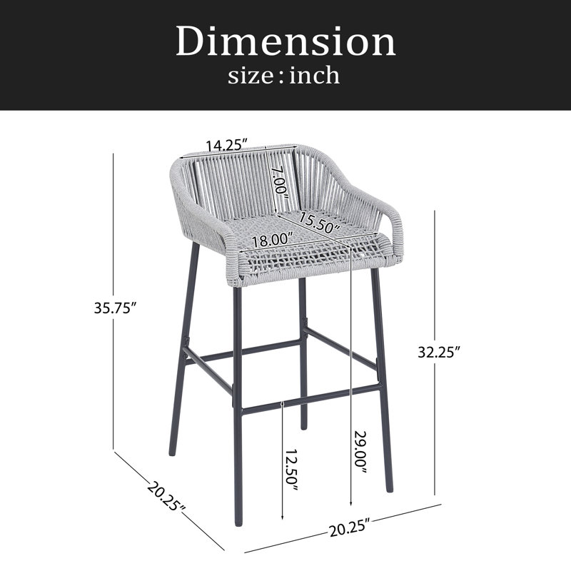 Push Outdoor Patio Rope Barstool (Set Of 2), Light Grey