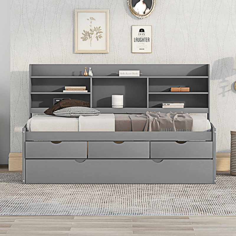 Wooden Captain Bed with Built-in Bookshelves, Grey