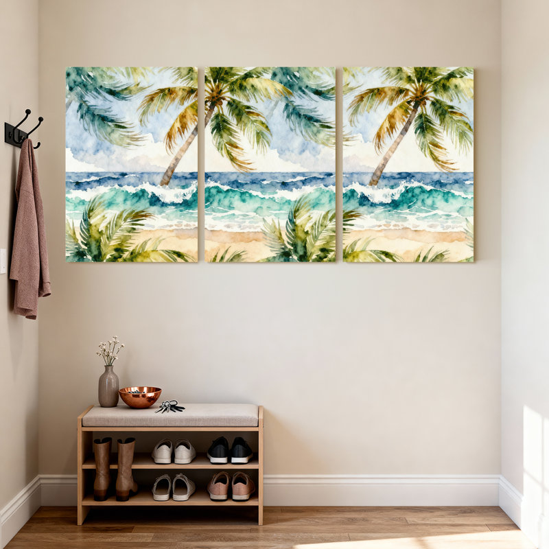 Palmiers, plage tropicale, palmiers, vagues de l'océan, reflet de sable, ensemble de 3 impressions sur toile