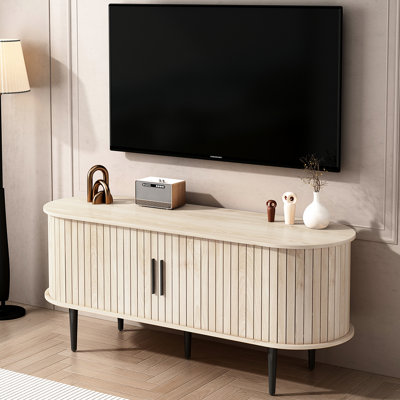 Modern 47" Tv Console Table With Storage And Sliding Door, Gaming Entertainment Center, Featuring A Large Tabletop Natural Wood Color Wide