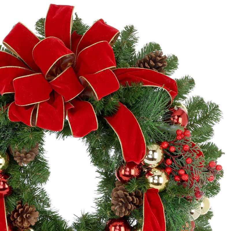 32" Holiday Wreath With Pinecones, Berries, Ornaments And A Velvet Bow
