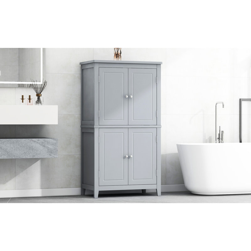 L'armoire de plancher de salle de bain grise avec 4 portes, des tablettes réglables, des charnières en métal et un grand espace de rangement élégant permettent d'utiliser efficacement l'espace