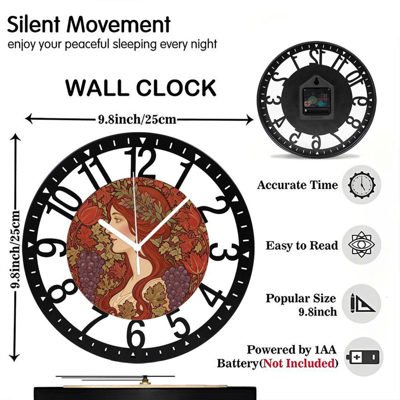Horloge murale ronde 10 "en fer - inspirée d'Alphonse Mucha, quartz silencieux, chiffres arabes, imprimé UV, Automne